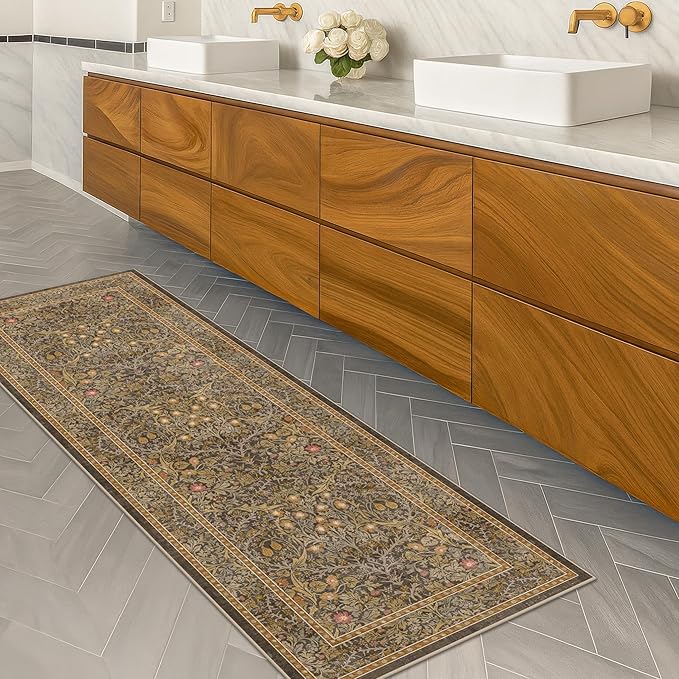 Non Slip 2x7 Gold Brown Kitchen Runner - Washable Long Runner Rugs for Bathroom, Hallway, Indoor Floor Mat, Bedroom Bedside - Brown Earthy Vintage Floral Décor