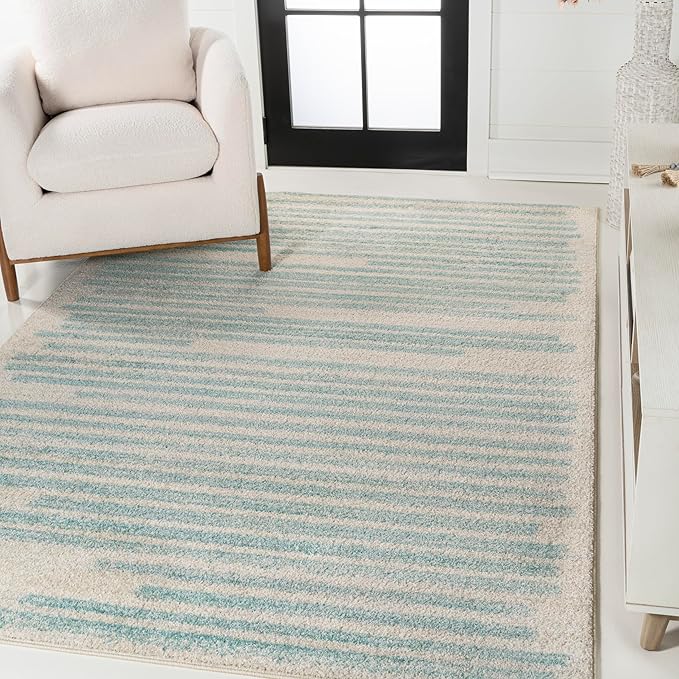 JONATHAN Y Khalil Modern Berber Stripe Cream/Turquoise Indoor Area Rug, 4x6, Contemporary, Bohemian, Easy-Cleaning for Living Room, Bedroom, Kitchen, Pet Friendly, Non-Shedding (MOH207B-4)