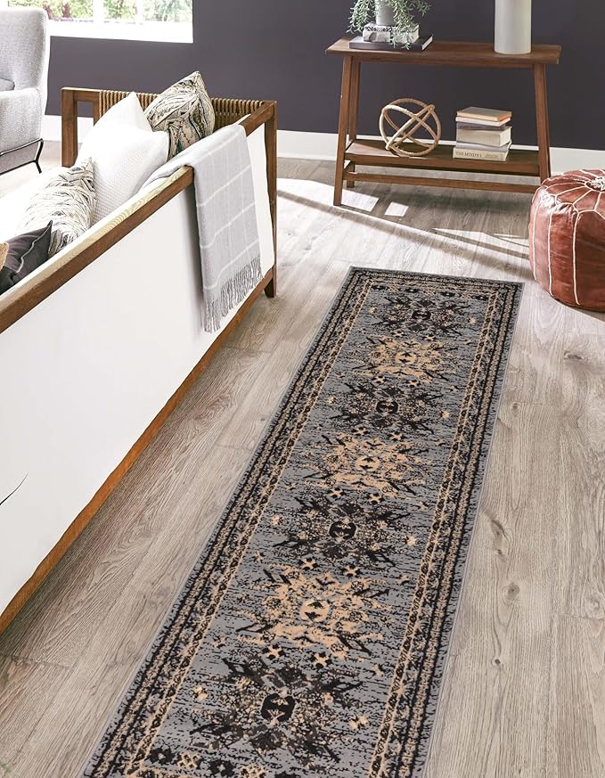 Unique Loom Taftan Collection Border Geometric Tribal Inspired Design Area Rug (2' 7 x 10' 0 Runner, Gray/ Black)
