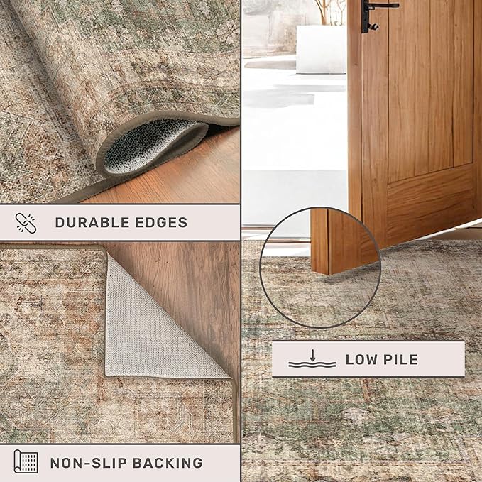 Farmhouse Floor Rugs for Living Room - Brown and Green Dining Room Area Rugs 8x10 for Bedroom, Washable, Soft, Lightweight & Stain Resistance, Neutral Dark Vintage Medallion Decor