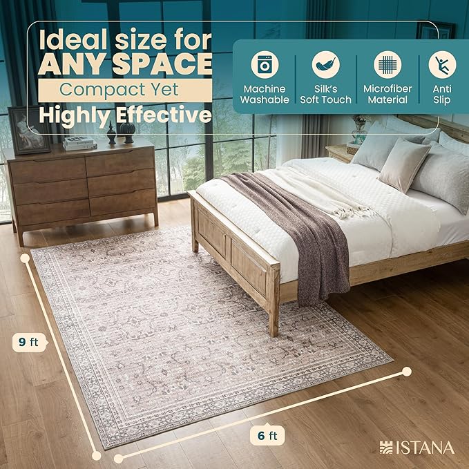 Istana 6x9 Area Rugs - Pale Rose Beige Rugs for Living Room - Luxurious Silk's Soft Touch Living Room Rug - Elegant Non Slip Area Rug