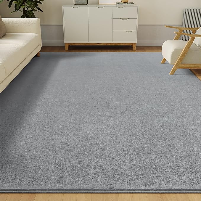 Solid Washable Area Rug - 9x12 Medium Pile Faux Cashmere Carpet for Living Room Bedroom, Grey