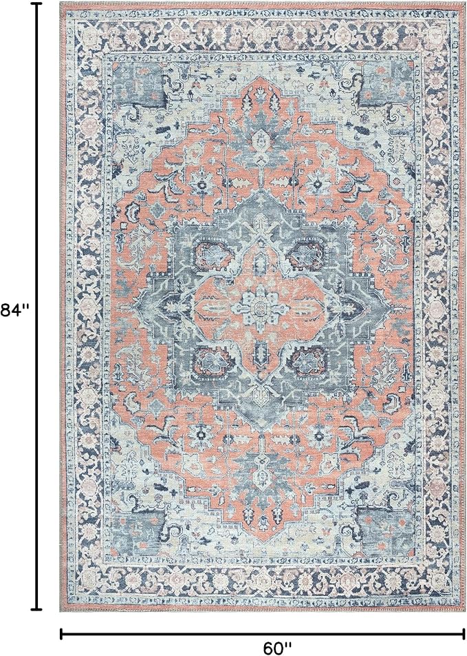 Bloom Rugs Washable Non-Slip 5' x 7' Rug - Coral/Blue Traditional Medallion Area Rug for Living Room, Bedroom, Dining Room, and Kitchen - Exact Size: 5' x 7'