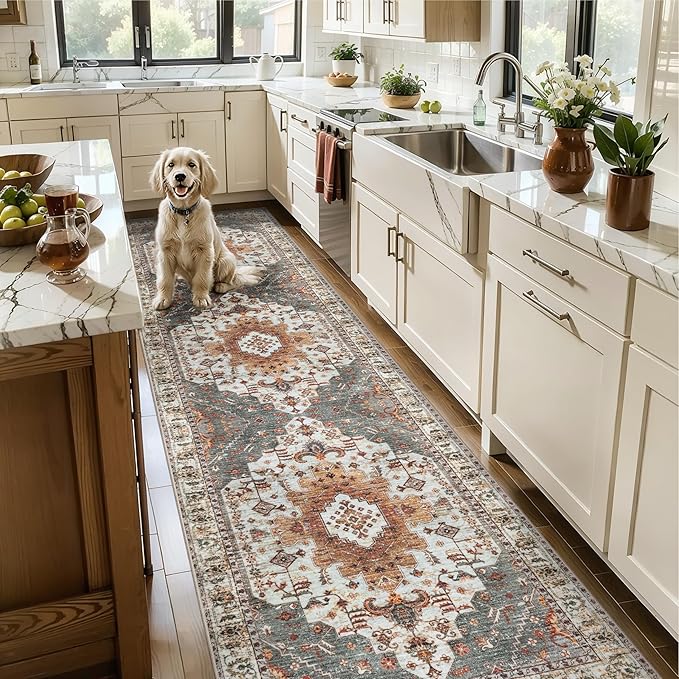 Tangsoo 3x8 Runner Rug for Hallway Long Washable Hallway Runner Rugs, Non Slip Vintage Soft Low Pile Rug Runner, Indoor 8ft Carpet Runners for Kitchen Bedroom Entryway Living Room Turmeric
