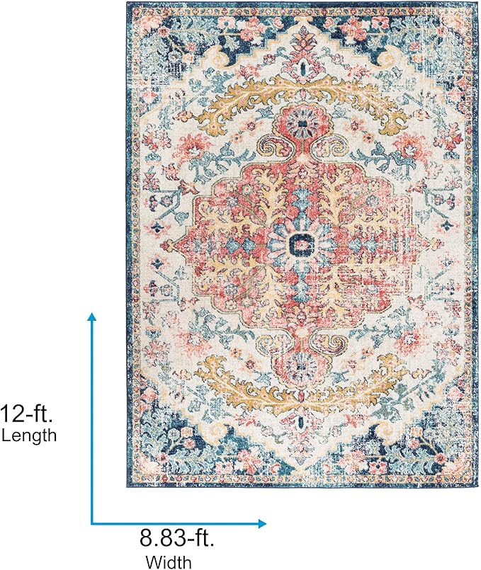 Livabliss Area Rugs - 9x12 Odelia Vintage Boho Aqua Burgandy Blue Area Rug for Living Room Bedroom - Floral Medallion Stain Resistant Carpet for Kitchen, Nursery, Office (8'10" x 12')