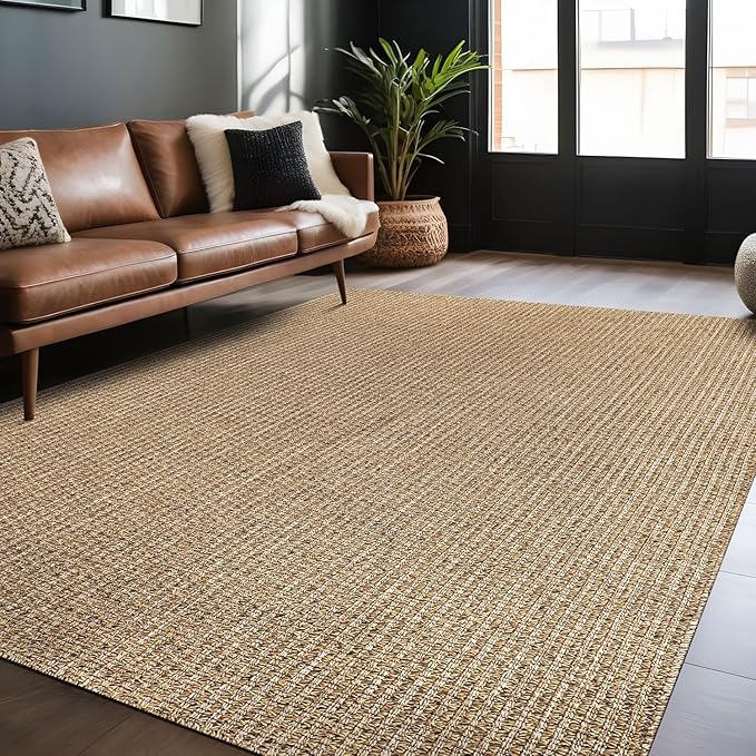 Easy Jute Rugs 6x9 Natural Color Living Room Indoor Outdoor Area Rug for Farmhouse Patio and Kitchen Rug High Traffic Washable Easy to Clean Solid Boho Woven Design Outside Carpet (6 x 9)