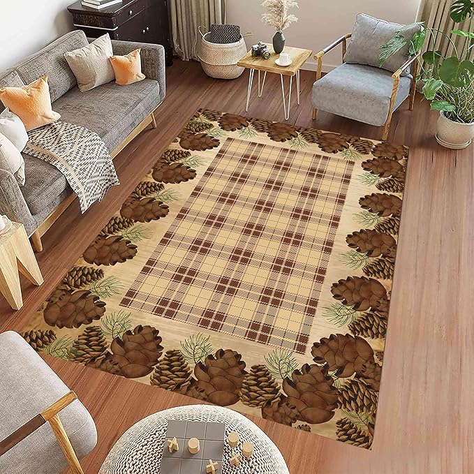Cabin Pine Cones Area Rug 5x7ft for Living Room, Brown Buffalo Plaid Indoor Anti-Slip Large Area Rug Rustic Style Rugs for Bedroom, Lodge Living Rugs With Pine Cones, Throw Area Rug for Farmhouse