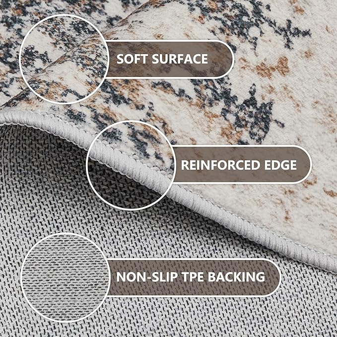 6ft Washable Round Rug - 6x6 Area Rugs Modern Abstract Rugs for Living Room Non-Slip Low Pile Soft Machine Washable Carpet for Bedroom, Living Room, Dining Room, Nursery, Farmhouse (6'x6' Tan Blue)