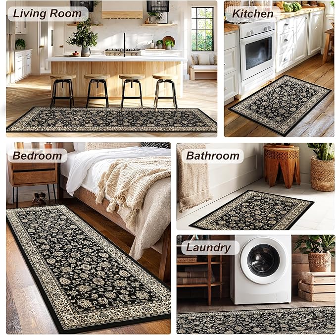 XWZO Entryway Area Rug 2x3ft — Soft Low Pile Door Floor Mat with Non-Slip Backing for Bedroom Bathroom Kitchen Laundry, Spill Resistant Washable Small Indoor Carpet for Doorway & Entrance, Black