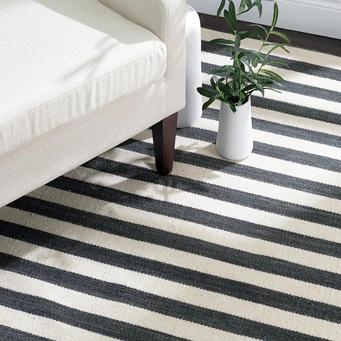 Home Conservatory Ladder Stripe Black/Ivory Handwoven Wool 8 X 10 Feet, Black/Ivory Stripe Pattern
