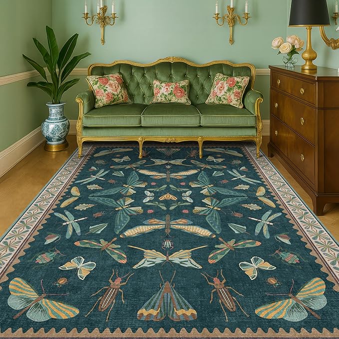 Insect Teal Green 5x7 Area Rug for Living Room - Cottage Core Rug for Bedroom, Dining Room, Kids Playroom, Home Office, Floral Vintage Whimsical Butterfly Washable Non Slip Floor Décor