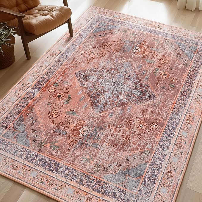 Phantoscope Washable Area Rug 4'x6' Non-Slip, Vintage Neutral Fall Rugs for Living Room, Bedroom, Dining Room, Distressed Boho Medallion Pattern, Low-Pile Foldable Floor Carpet, Rust Orange