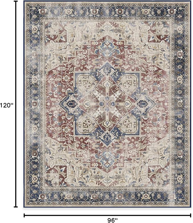 RUGGABLE Washable Vintage Area Rug – Kamran Royal Blue 8x10, Stain-Resistant, Non-Slip – Large Machine Washable Rugs for Living Room, Bedroom, Hallway, Entryway & Office–with Standard Pad