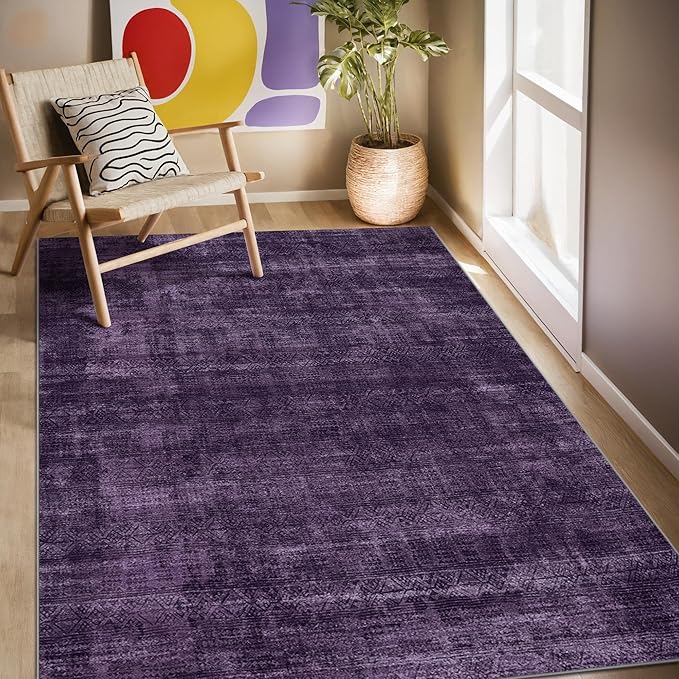 Kokia Abstract Area Rug Living Room 5x7 Washable Large Rug Bedroom Living Room Under Dining Table Soft Non Slip Stain Resistant Carpet Room Decor, Purple Rug, Oslo Dusty