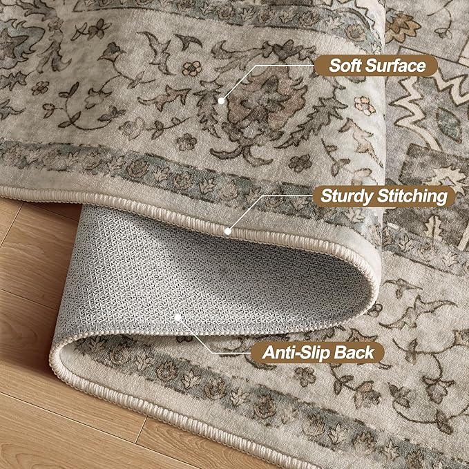 Tangsoo 2x6 Washable Runner Rug for Hallways, Non Slip Vintage Runner, Soft Low Pile Long Rug Runner, Print Distressed Grey Carpet Runners for Kitchen Bedroom Entryway Bathroom Living Room