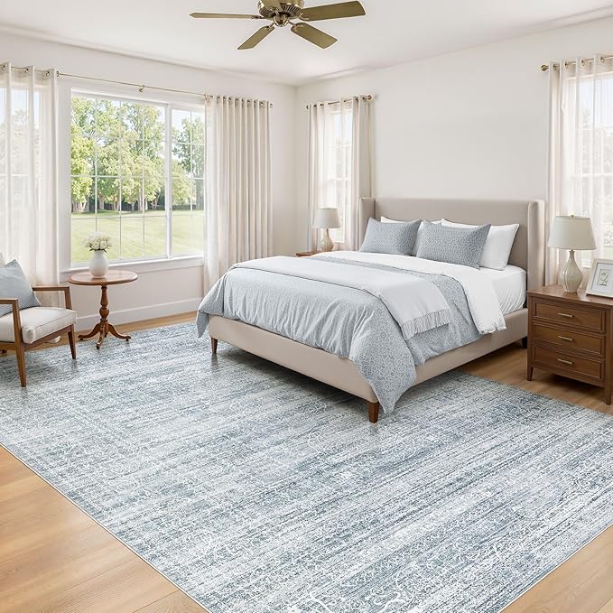 8x10 Area Rugs Living Room: Washable Large Vintage Blue Rug Neutral Non-Slip Soft Stain Resistant Indoor Carpet for Bedroom Nursery Dining Room Under Table Bed Home House Office Playroom