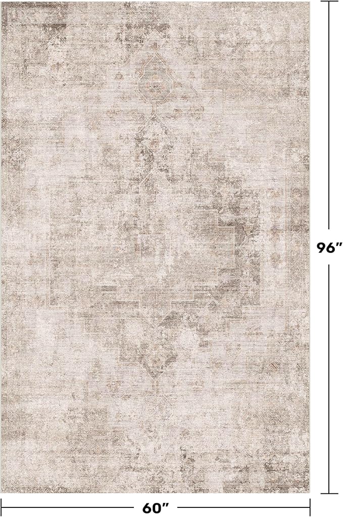 Beige & Brown 5x8 Area Rugs for Bedroom - Abstract Distressed Farmhouse Rug for Living Room, Home Office, Foyer, Kitchen Table, Foldable Soft Washable Low Pile Non Slip Stain Resistant