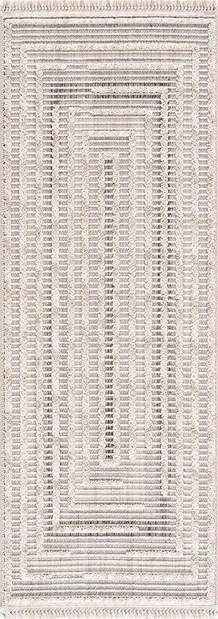 Hauteloom Lunao Living Room, Bedroom Area Rug - Geometric, Solid & Striped - Charcoal, Cream, Peach - 6'7" x 9'