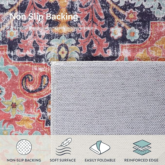 Lahome Bohemian Floral Medallion Area Rug - 4x6 Hot Pink Entryway Rug Soft Laundry Room Mat, Non-Slip Machine Washable Nursery Accent Carpet for Dorm Department Kitchen Office, Fuchsia/Multi