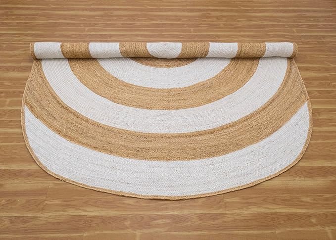7x10 Oval Kilim Rug – Handmade Boho Oval Rug, Natural Jute, Solid White Beige, 0.27" Thick Flatweave, Hand Braided Carpet for Bedroom, Living Room, Dining Room