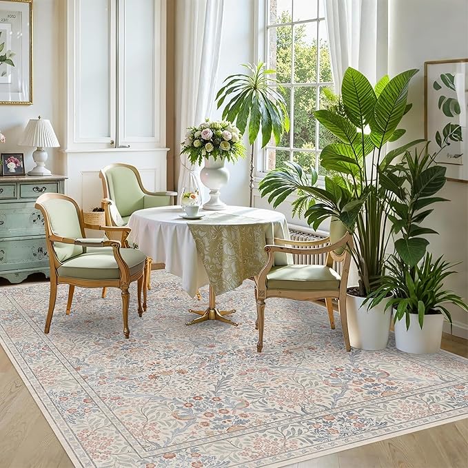 5x7 Floral Washable Area Rugs for Living Room, Vintage Boho Large Rug for Bedroom Dining Room, Distressed Botanical Birds Non Slip Low Pile Forest Animal Throw Carpet for Farmhouse Office, Beige Blue
