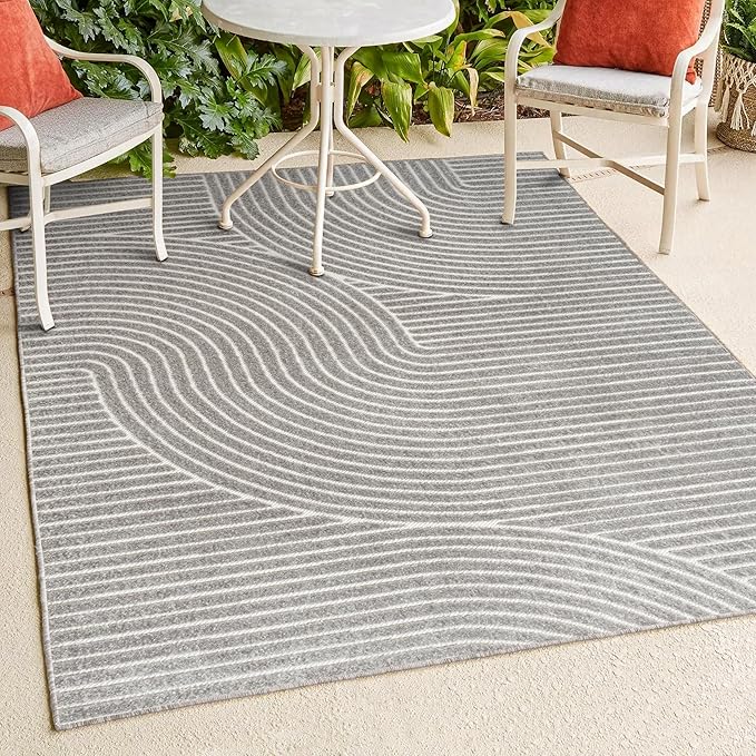 JONATHAN Y Hallie High-Low Curve Gray/Ivory Indoor/Outdoor Area Rug, 10x14, Minimalist, Pet Friendly, Non-Shedding, Stain Resistant, Hose-Washable for Backyard, Patio, Porch (SCN100A-14)
