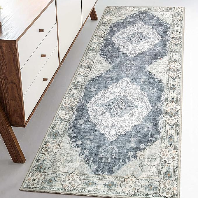 MUJOO Hallway Runner Rug Machine Washable Runner Rugs Non Slip Boho Blue Grey Runner Rug for Hallways Entryway Kitchen Bathroom Bedside Retro Soft Low-Pile 2'x6' Blossom