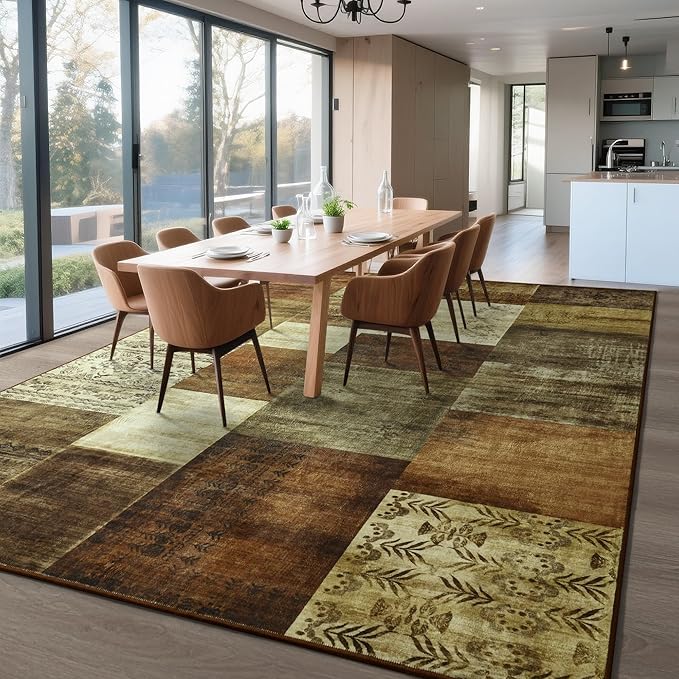 Tepook Modern Area Rug for Living Room, 6x9 Geometric Large Rugs for Bedroom, Washable Patchwork Rug Indoor Non-Slip Throw Carpets for Dining Room Office Farmhouse Home Decor, Brown