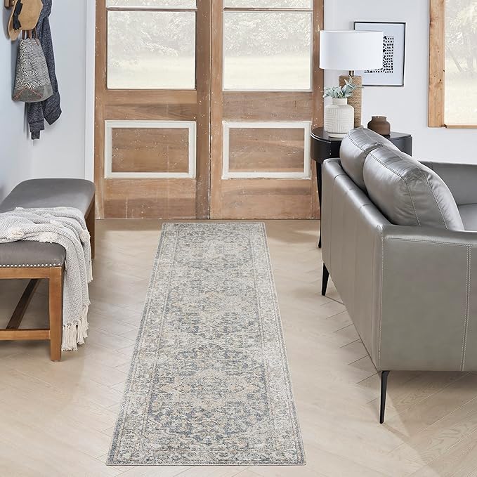 Nourison Home Astra Machine Washable Grey/Blue 2'2" x 10' Area -Rug, Easy -Cleaning, Non Shedding, Bed Room, Living Room, Dining Room, Kitchen (2x10)