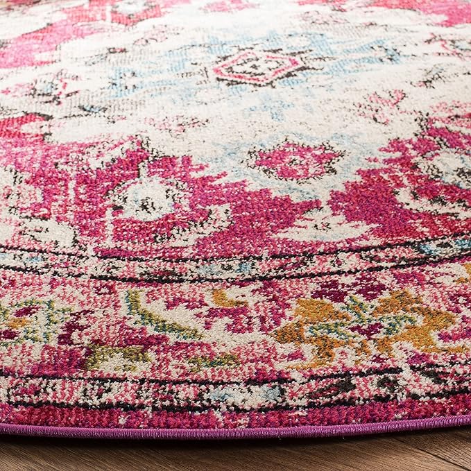 SAFAVIEH Monaco Collection Area Rug - 4' Round, Pink & Multi, Boho Chic Medallion Distressed Design, Non-Shedding & Easy Care, Ideal for High Traffic Areas in Living Room, Bedroom (MNC243D)