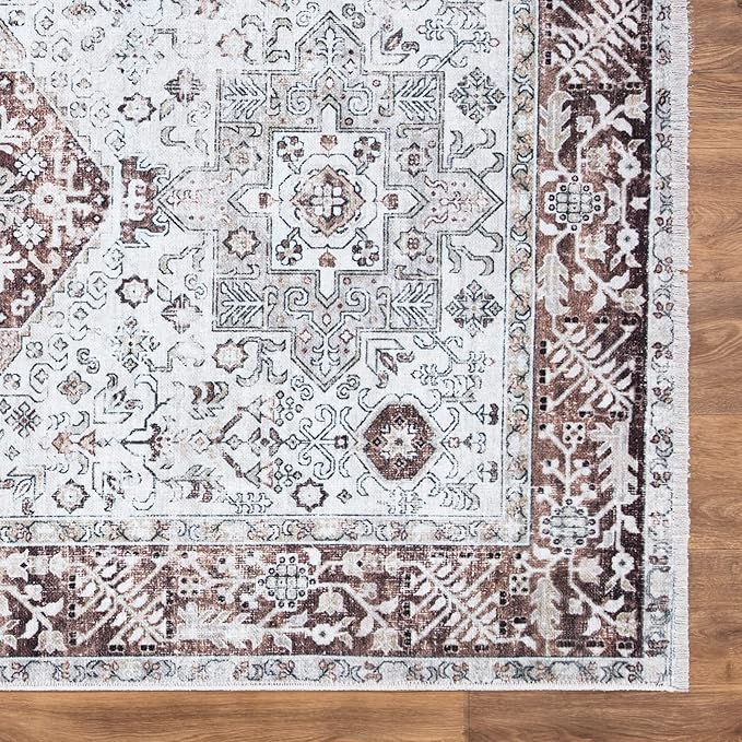 Bloom Rugs Caria Washable Non-Slip 6x9 Rug - Beige/Brown Traditional Area Rug for Living Room, Bedroom, Dining Room, and Kitchen - Exact Size: 6' x 9'