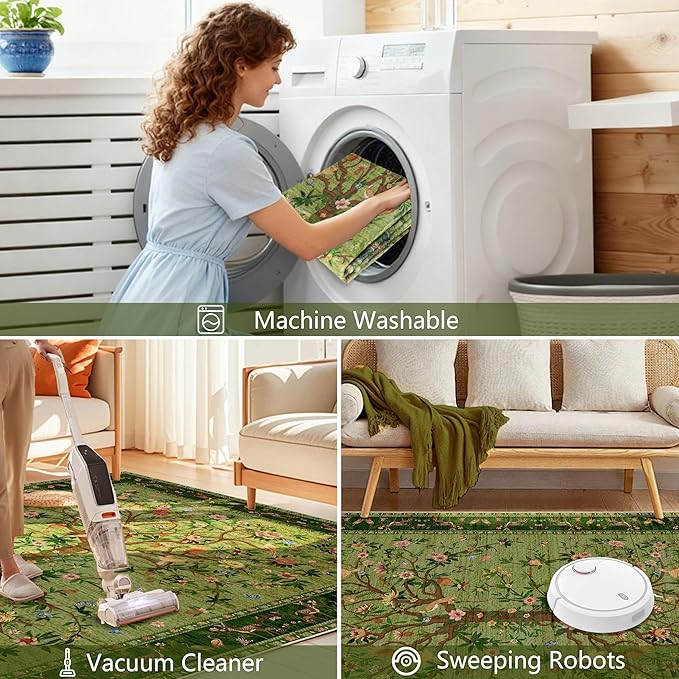 Green Rugs for Living Room 5x7 Area Rugs, Machine Washable Non-Slip Carpet, Boho Floral Low Pile Throw Rugs for Bedroom, Dining Room, Office, Nursery, Vintage Home Decor