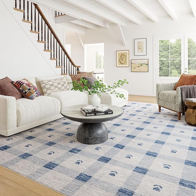Dash & Albert Valen Plaid Blue Machine Washable Rug, 9.5 X 13.5 Feet, Blue/White Plaid Pattern