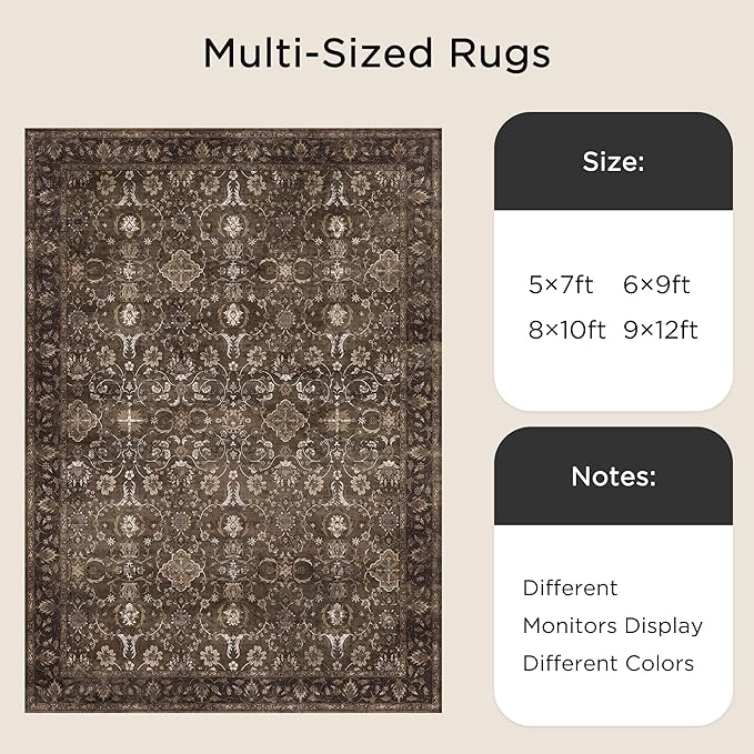 8x10 Washable Rugs for Living Room, Soft Large Rugs Brown Area Rug, Indoor Vintage Carpet for Bedroom Dining Room Office, Rubber Backed Non Slip Low Pile Mat, Dark Brown