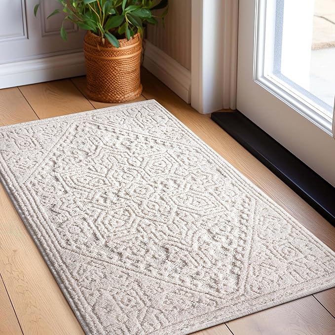 Well Woven Harlow Collection Cloud Medallion Ivory - Modern Tribal Minimalist 2x3 (2'3" x 3'11") Accent Mat Rug - Ideal for Entryway & Kitchen - Durable, Stain Resistant & Easy to Clean