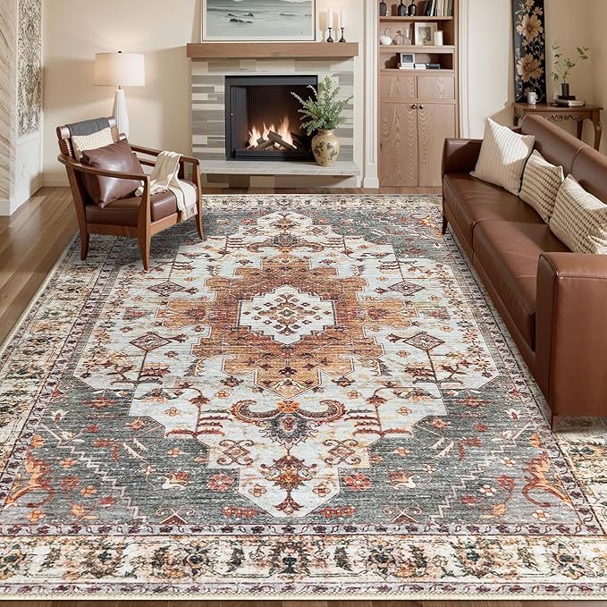 Tangsoo 5x7 Area Rug Washable Rugs for Living Room, Vintage Indoor Non Slip Large Area Rugs, Print Distressed Turmeric Carpet, Soft Low Pile Rug Foldable Floor for Bedroom Dining Room Dorm