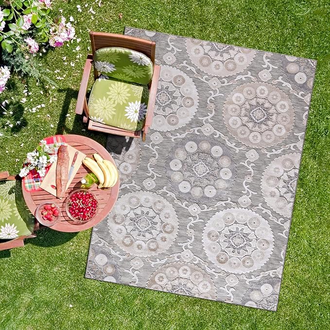 CAMILSON Indoor Outdoor Rug 5x7 Bohemian Medallion Floral Area Rugs for Indoor and Outdoor Patios Easy-Cleaning Non-Shedding Living Room Garden and Kitchen Washable Outside Carpet (5 x 7 / Beige)