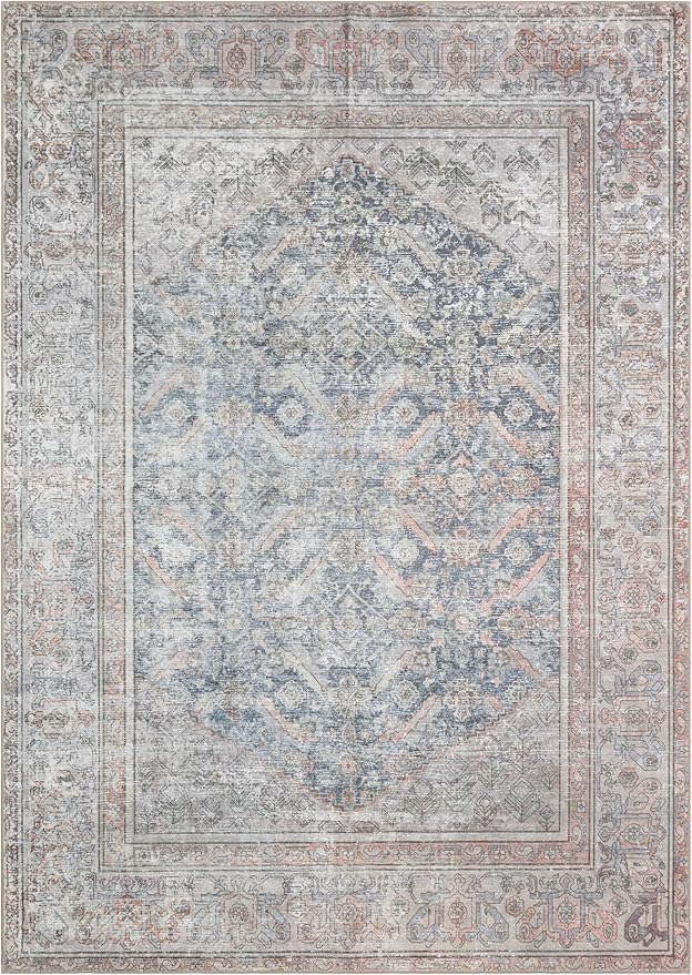 Kuden 10x14 Large Area Rug, Machine Washable Area Rug with Non-Slip Backing, Vintage Style, Soft, Easy Clean, Low Pile Rug for Living Room, Bedroom, Dining Room