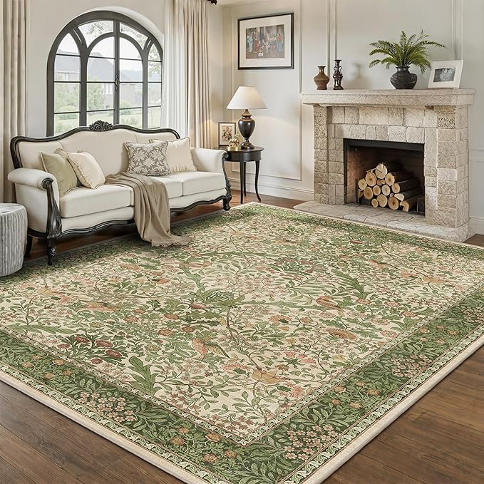 6x9 Floral Washable Area Rug for Living Room, Vintage Boho Rugs for Bedroom Dining Room, Botanical Birds Non Slip Low Pile Forest Throw Carpet for Farmhouse Office, Retro Pink/Green