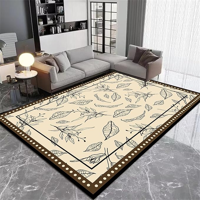 Medieval French Style Area Rugs 3x4ft, Off-White Botanical Leaf Pattern Rug, Low Pile Carpet, Washable & Non-Slip for Living Room, Bedroom, Dining Room, Dorm