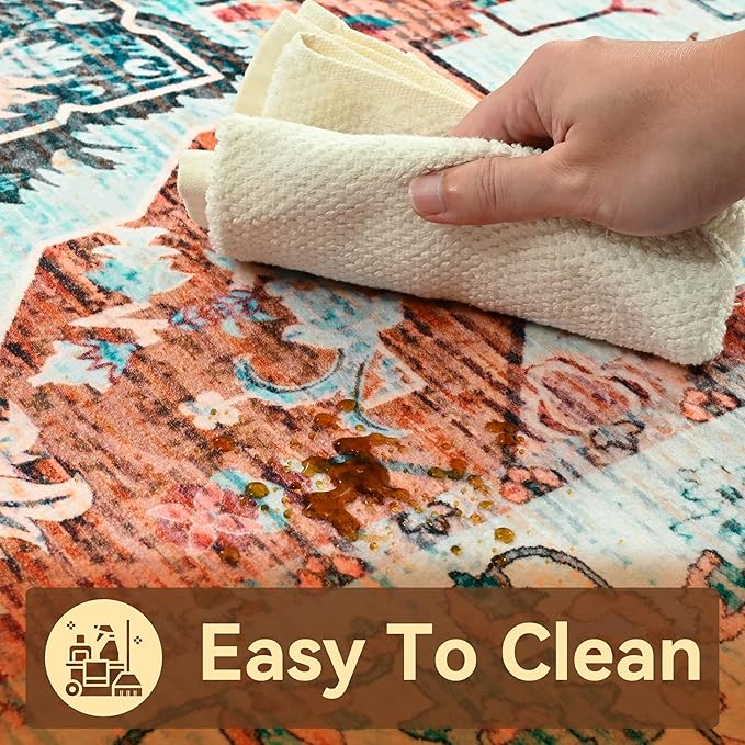 YJ.GWL Area Rugs for Living Room 6x9 Machine Washable Rugs, Non Slip Floral Vintage Rug Indoor Carpet, Stain Resistant Large Rug for Bedroom Dining Room, Copper Tan