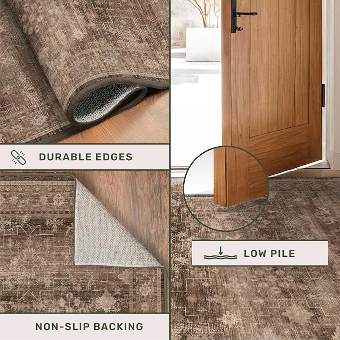 Taupe Brown 5x8 Rug for Living Room - Vintage Traditional Dark Neutral Geometric, Washable Foldable Non-Slip Area Rugs for Dining Under Table, Home Office, Guest Room