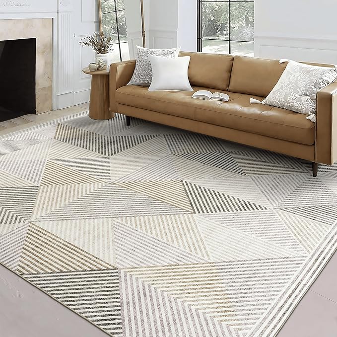 ReaLife Rugs Machine Washable Area Rug - Living Room Bedroom Bathroom Kitchen Entryway Office - Padded Low Pile Stain Resistant Premium - Modern Geometric Contemporary - Miles - Beige 4' x 6'