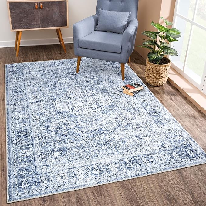 Bloom Rugs Washable Non-Slip 3' x 5' Rug - Ivory/Denim Blue Traditional Medallion Area Rug for Living Room, Bedroom, Dining Room, and Kitchen - Exact Size: 3' x 5'