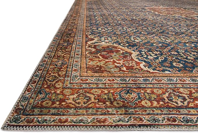 Loloi Layla Collection LAY-09 Cobalt Blue/Spice 7'-6" x 9'-6" .13" Thick Area Rug, Soft, Durable, Vintage Inspired, Distressed, Low Pile, Non-Shedding, Easy Clean, Printed, Living Room Rug