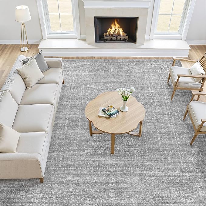 5x7 Area Rugs Living Room: Washable Large Vintage Grey Rug Neutral Non-Slip Soft Stain Resistant Indoor Carpet for Bedroom Nursery Dining Room Under Table Bed Home House Office Playroom