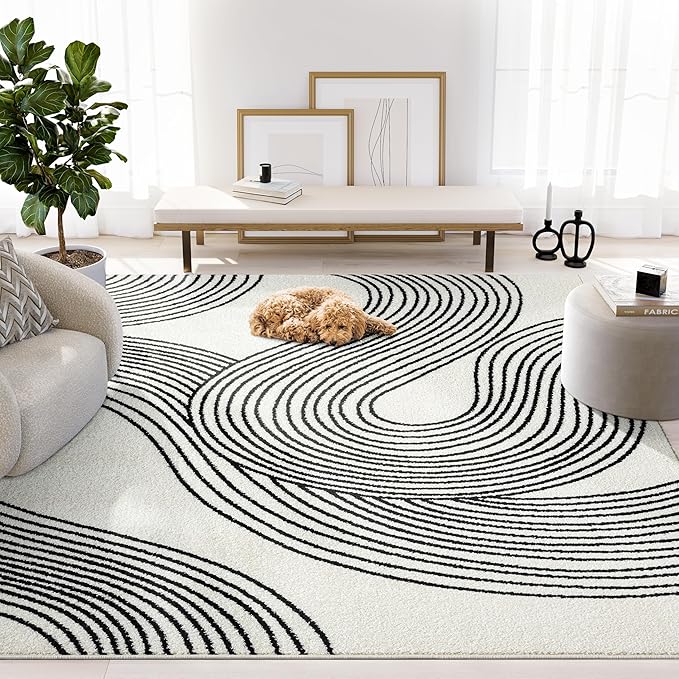 Abani Nuevo Beige Black Swirls Modern Area Rug 4' x 6' for Living Room, Bedroom - Abstract Design - Durable & Easy to Clean