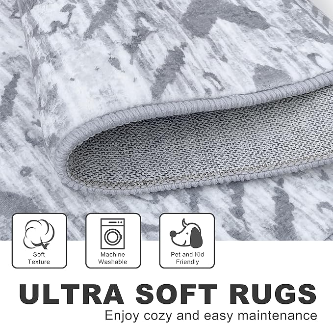 KILOCOCO Hallway Runner Rug 2'x8' Runners for Hallways Washable Runner Rug Non Slip Laundry Room Rugs Low-Pile Runners for Bedroom Kitchen Living Room Boho Rugs, Grey White