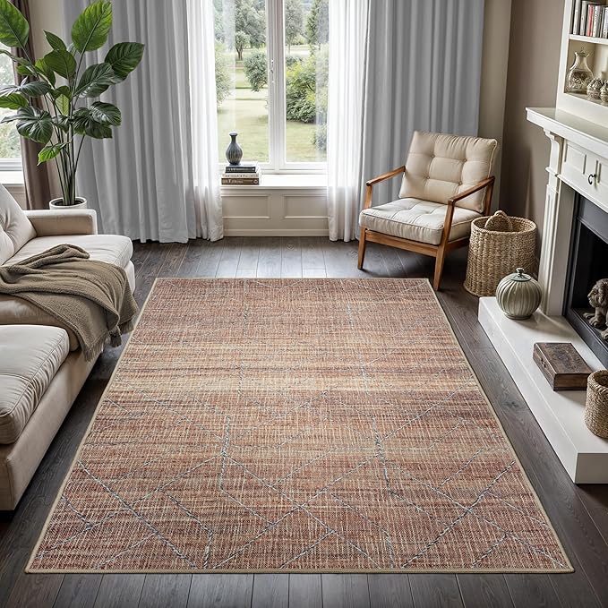GLN Rugs Contemporary Collection - Machine Washable Area Rug, Contemporary Washable, Non Slip, Low Pile Chenille Rug, Living Room, Bedroom, Kitchen Rug (4' x 6' Terra/Brown)
