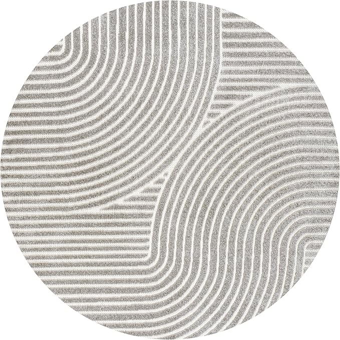 JONATHAN Y Hallie High-Low Curve Gray/Ivory 8' Round Indoor/Outdoor Area Rug, Minimalist, Pet Friendly, Non-Shedding, Stain Resistant, Hose-Washable for Backyard, Patio, Porch (SCN100A-8R)